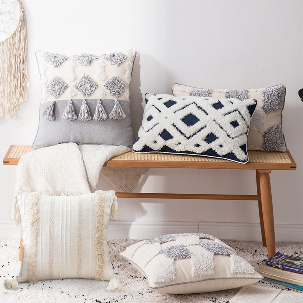 Boho Pillow Cover – Modern Cotton Textured Fringe Accent