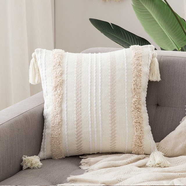 Boho Pillow Cover – Modern Cotton Textured Fringe Accent