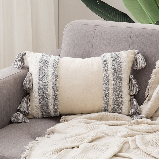 Boho Pillow Cover – Modern Cotton Textured Fringe Accent