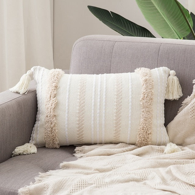 Boho Pillow Cover – Modern Cotton Textured Fringe Accent