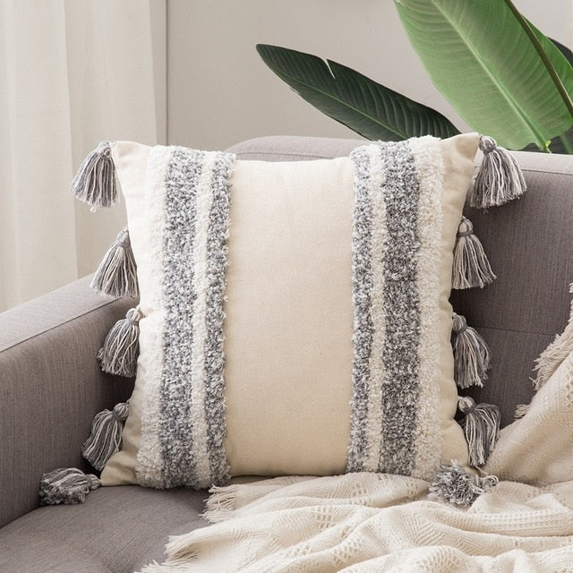 Boho Pillow Cover – Modern Cotton Textured Fringe Accent